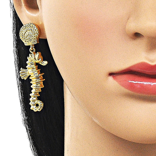 Oro Laminado Dangle Earring, Gold Filled Style Horse and Shell Design, Polished, Golden Finish