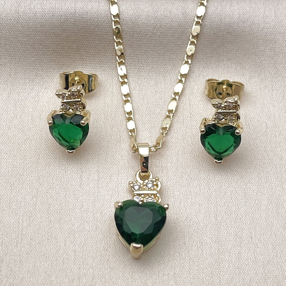 Oro Laminado Earring and Pendant Adult Set, Gold Filled Style Heart and Butterfly Design, with Green and White Cubic Zirconia, Polished, Golden Finish