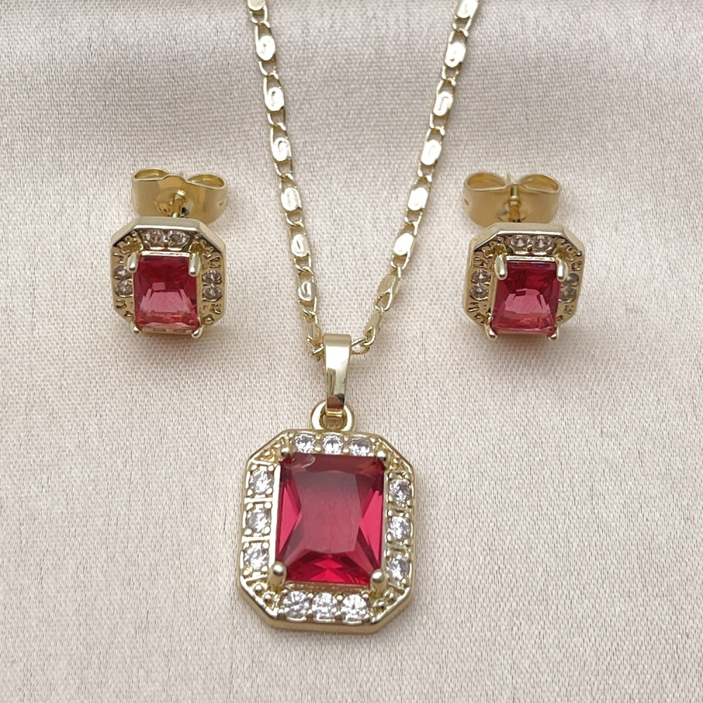 Oro Laminado Earring and Pendant Adult Set, Gold Filled Style Cluster Design, with Ruby and White Cubic Zirconia, Polished, Golden Finish