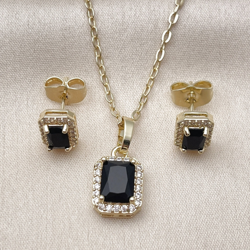 Oro Laminado Earring and Pendant Adult Set, Gold Filled Style Cluster Design, with Black Cubic Zirconia and White Micro Pave, Polished, Golden Finish
