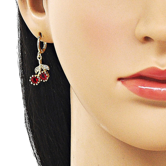 Oro Laminado Dangle Earring, Gold Filled Style Cherry Design, with Garnet Cubic Zirconia and White Micro Pave, Polished, Golden Finish