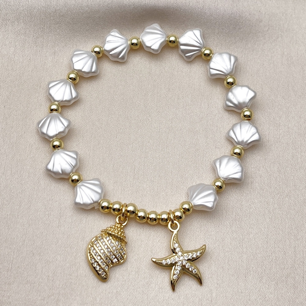 Oro Laminado Fancy Bracelet, Gold Filled Style Star and Snail Design, with Ivory Pearl and White Micro Pave, Polished, Golden Finish