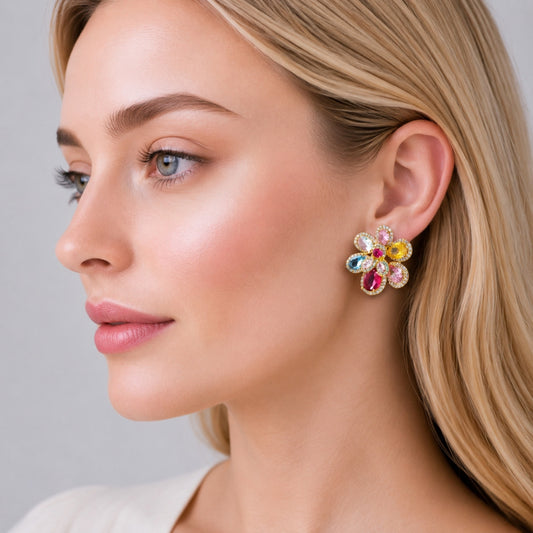 Oro Laminado Stud Earring, Gold Filled Style Flower and Teardrop Design, with Multicolor Cubic Zirconia and White Micro Pave, Polished, Golden Finish