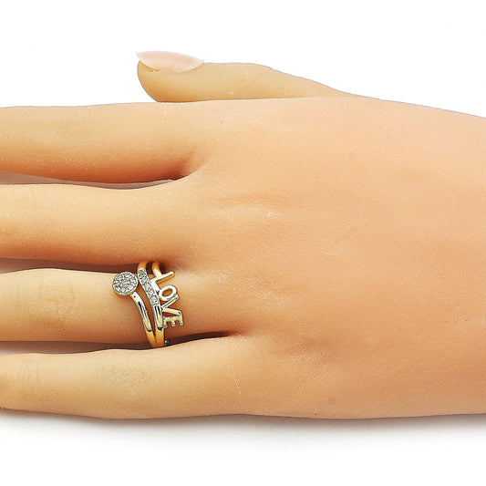 Oro Laminado Multi Stone Ring, Gold Filled Style Love Design, with White Cubic Zirconia, Polished, Golden Finish