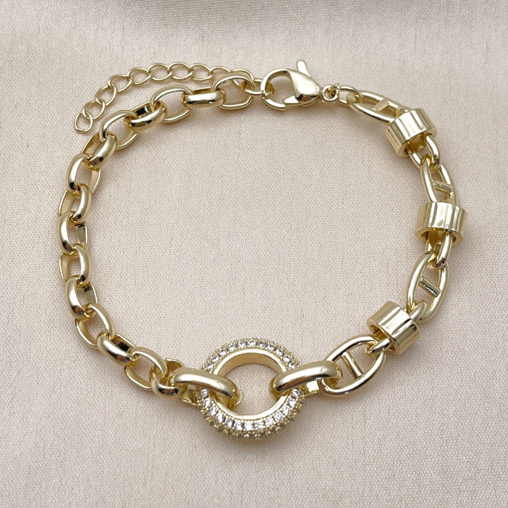 Oro Laminado Fancy Bracelet, Gold Filled Style Mariner and Puff Mariner Design, with White Micro Pave, Polished, Golden Finish