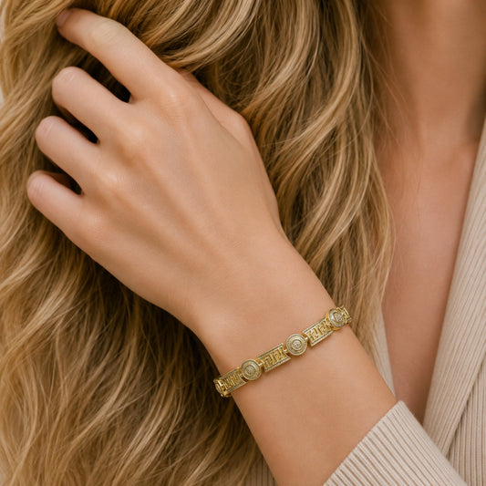 Oro Laminado Solid Bracelet, Gold Filled Style Greek Key Design, Polished, Golden Finish