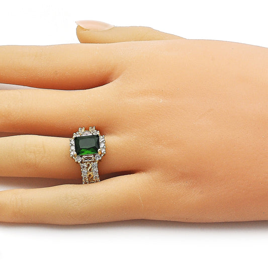 Oro Laminado Multi Stone Ring, Gold Filled Style Cluster and Baguette Design, with Green and White Cubic Zirconia, Polished, Golden Finish