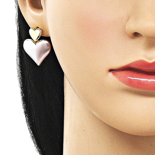 Oro Laminado Stud Earring, Gold Filled Style Heart Design, Polished, Tricolor