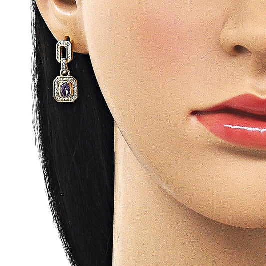 Oro Laminado Long Earring, Gold Filled Style Cluster and Belt Buckle Design, with Amethyst Cubic Zirconia and White Micro Pave, Polished, Golden Finish