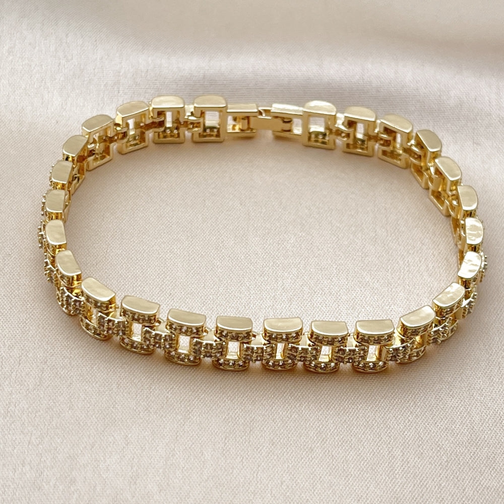Oro Laminado Fancy Bracelet, Gold Filled Style with White Cubic Zirconia, Polished, Golden Finish