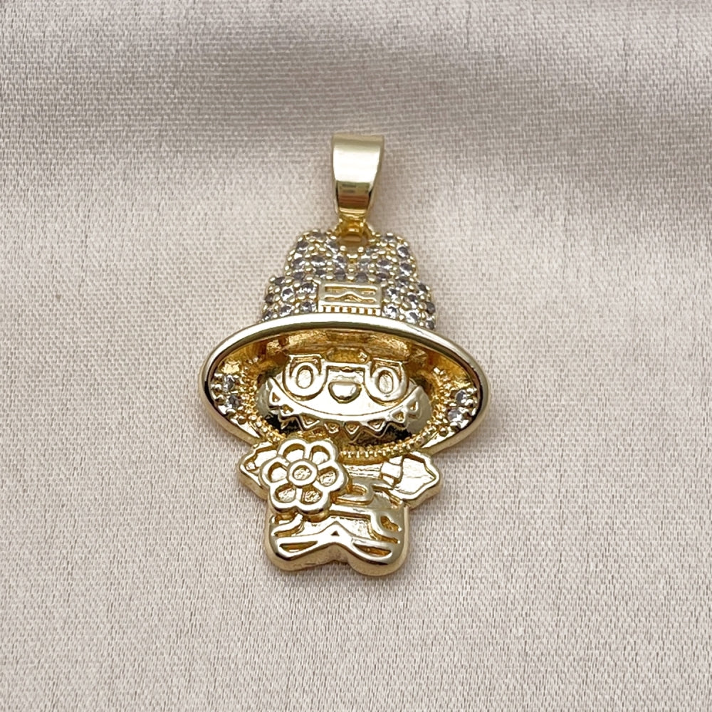 Oro Laminado Fancy Pendant, Gold Filled Style Little Girl and Flower Design, with White Cubic Zirconia, Polished, Golden Finish