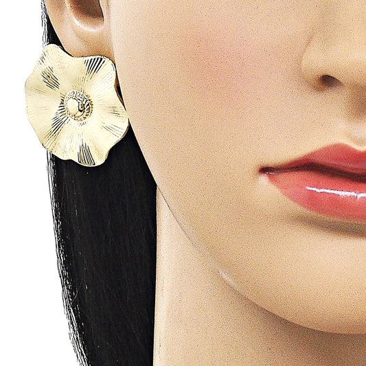 Oro Laminado Stud Earring, Gold Filled Style Leaf and Flower Design, Diamond Cutting Finish, Golden Finish