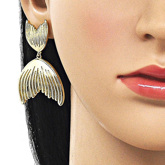 Oro Laminado Dangle Earring, Gold Filled Style Fish Design, Polished, Golden Finish
