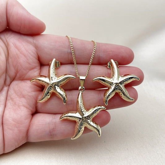 Oro Laminado Earring and Pendant Adult Set, Gold Filled Style Star and Hollow Design, Polished, Golden Finish