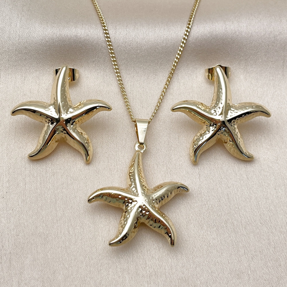 Oro Laminado Earring and Pendant Adult Set, Gold Filled Style Star and Hollow Design, Polished, Golden Finish