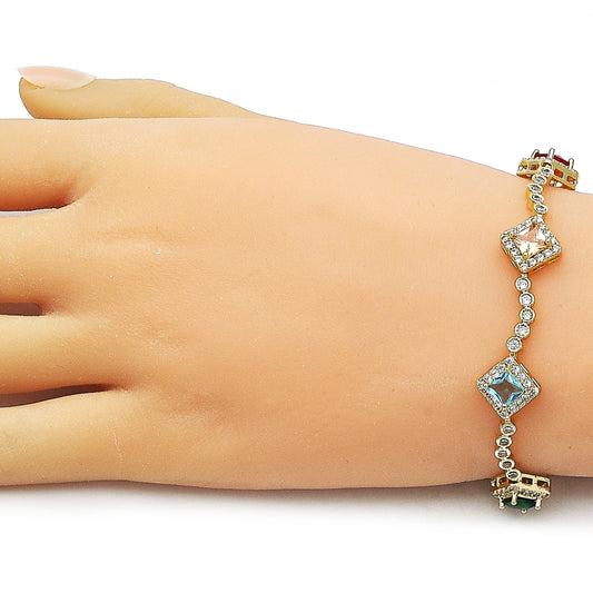 Oro Laminado Tennis Bracelet, Gold Filled Style Cluster Design, with Multicolor and White Cubic Zirconia, Polished, Golden Finish