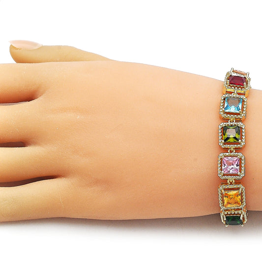 Oro Laminado Tennis Bracelet, Gold Filled Style with Multicolor Cubic Zirconia, Polished, Golden Finish