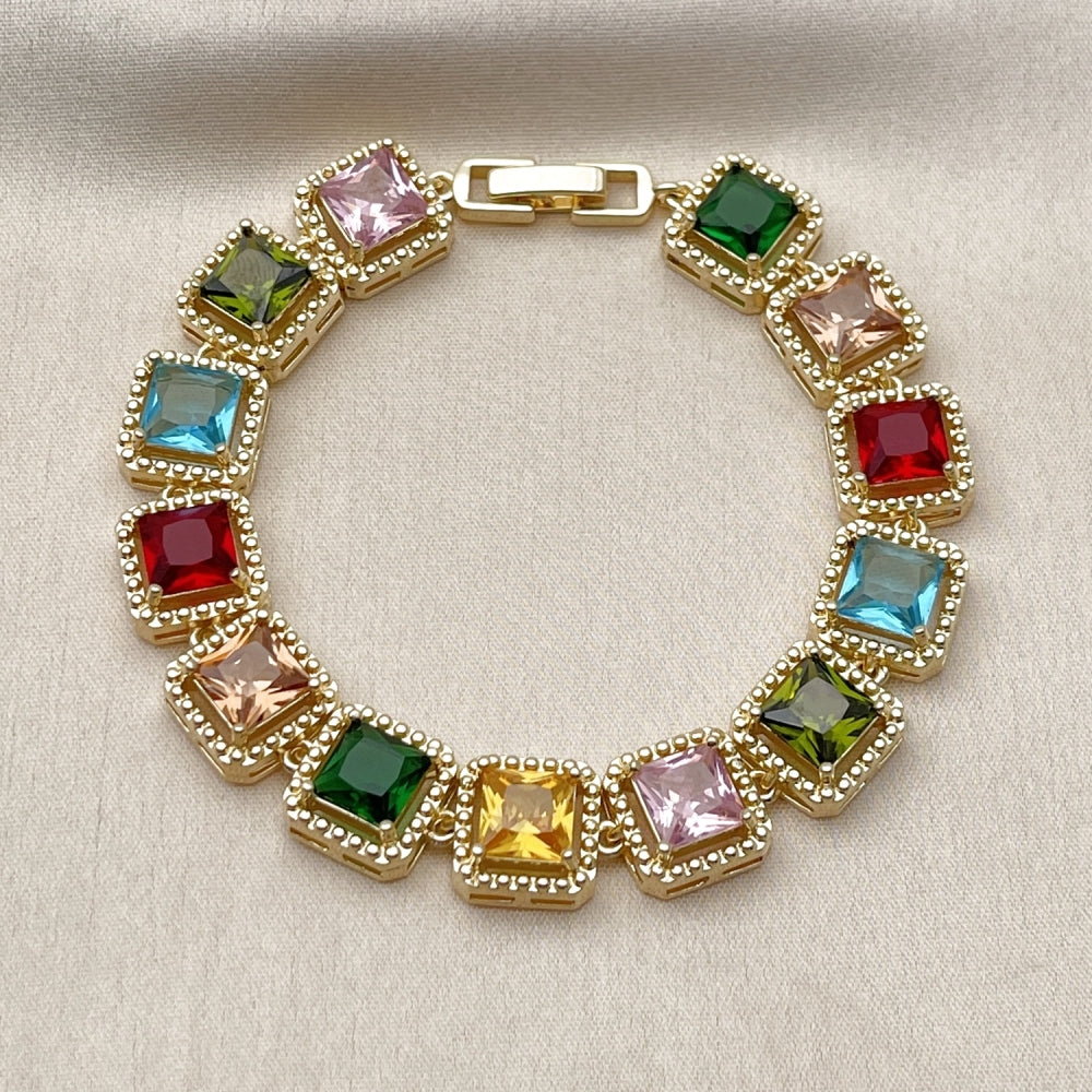 Oro Laminado Tennis Bracelet, Gold Filled Style with Multicolor Cubic Zirconia, Polished, Golden Finish