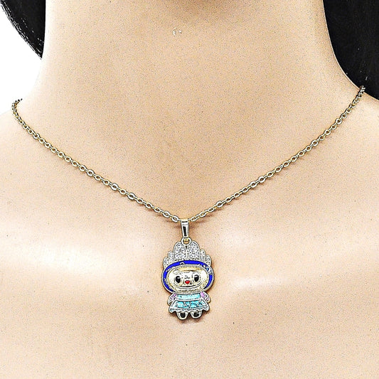 Oro Laminado Fancy Pendant, Gold Filled Style with White Cubic Zirconia, Blue Enamel Finish, Golden Finish