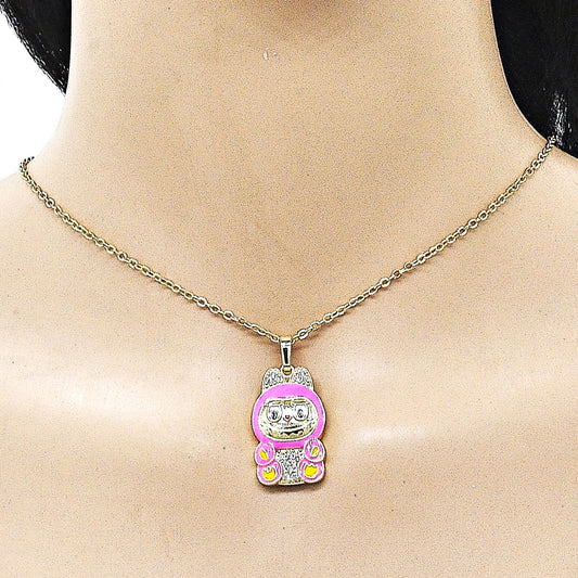 Oro Laminado Fancy Pendant, Gold Filled Style with White Cubic Zirconia, Pink Enamel Finish, Golden Finish