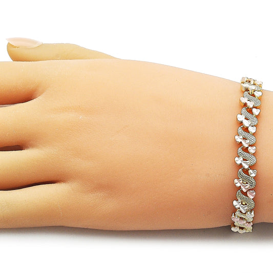 Oro Laminado Solid Bracelet, Gold Filled Style Heart Design, Diamond Cutting Finish, Tricolor