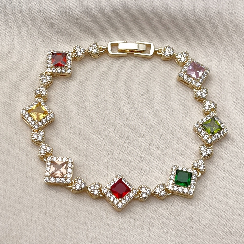 Oro Laminado Tennis Bracelet, Gold Filled Style Cluster and Heart Design, with Multicolor and White Cubic Zirconia, Polished, Golden Finish