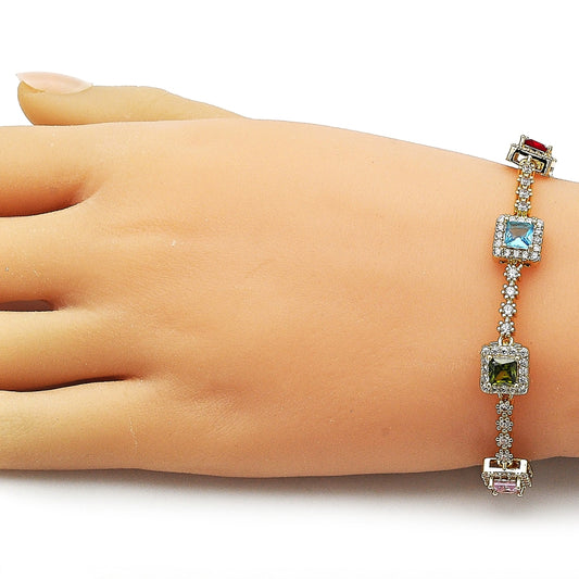 Oro Laminado Tennis Bracelet, Gold Filled Style Cluster Design, with Multicolor and White Cubic Zirconia, Polished, Golden Finish