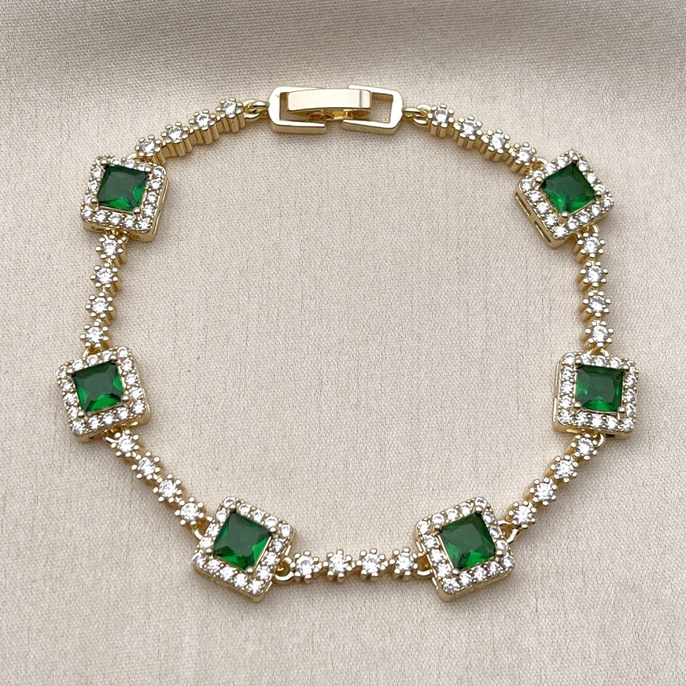 Oro Laminado Tennis Bracelet, Gold Filled Style Cluster Design, with Green and White Cubic Zirconia, Polished, Golden Finish