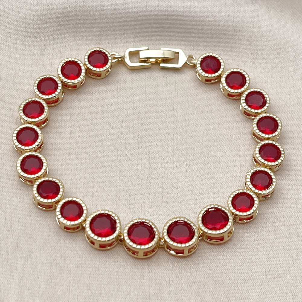 Oro Laminado Tennis Bracelet, Gold Filled Style with Garnet Cubic Zirconia, Polished, Golden Finish