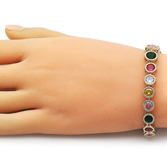 Oro Laminado Tennis Bracelet, Gold Filled Style with Multicolor Cubic Zirconia, Polished, Golden Finish