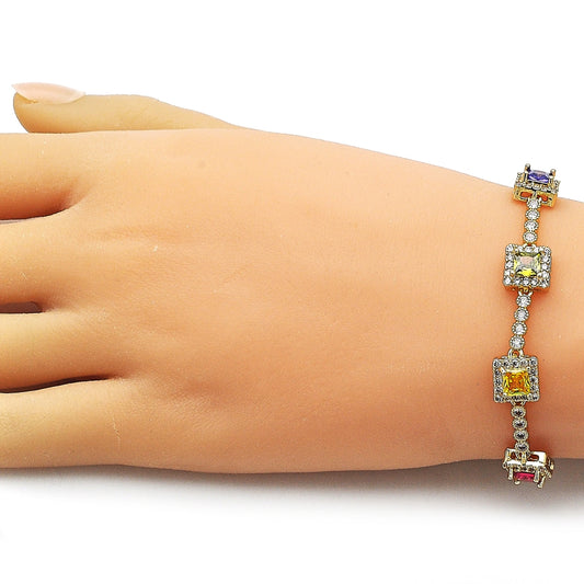 Oro Laminado Tennis Bracelet, Gold Filled Style Cluster Design, with Multicolor and White Cubic Zirconia, Polished, Golden Finish
