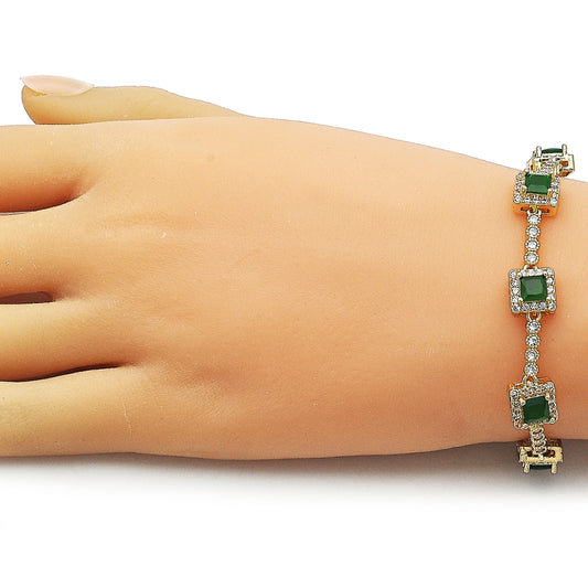 Oro Laminado Tennis Bracelet, Gold Filled Style Cluster Design, with Green and White Cubic Zirconia, Polished, Golden Finish