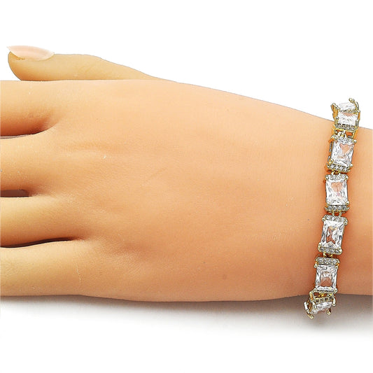 Oro Laminado Tennis Bracelet, Gold Filled Style Baguette Design, with White Cubic Zirconia and White Micro Pave, Polished, Golden Finish