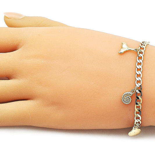 Oro Laminado Charm Bracelet, Gold Filled Style Shell and Snail Design, Polished, Golden Finish