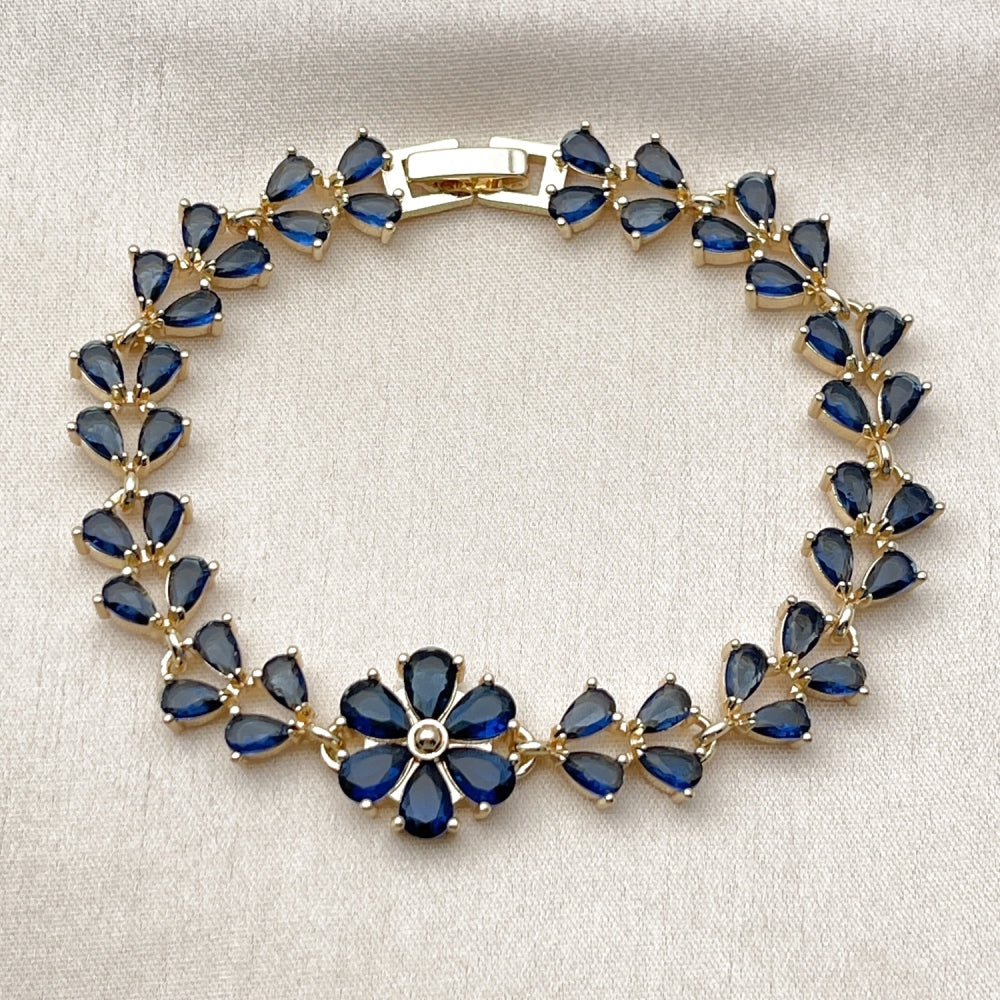 Oro Laminado Tennis Bracelet, Gold Filled Style Flower and Teardrop Design, with Sapphire Blue Cubic Zirconia, Polished, Golden Finish