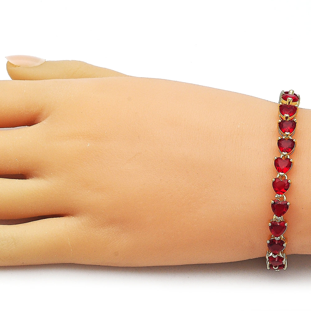 Oro Laminado Tennis Bracelet, Gold Filled Style Heart Design, with Garnet Cubic Zirconia, Polished, Golden Finish