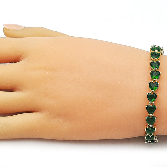 Oro Laminado Tennis Bracelet, Gold Filled Style Heart Design, with Green Cubic Zirconia, Polished, Golden Finish