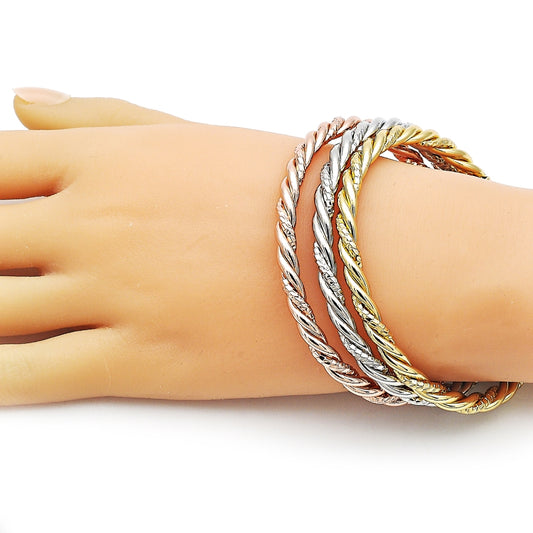 Oro Laminado Trio Bangle, Gold Filled Style Twist Design, Diamond Cutting Finish, Tricolor