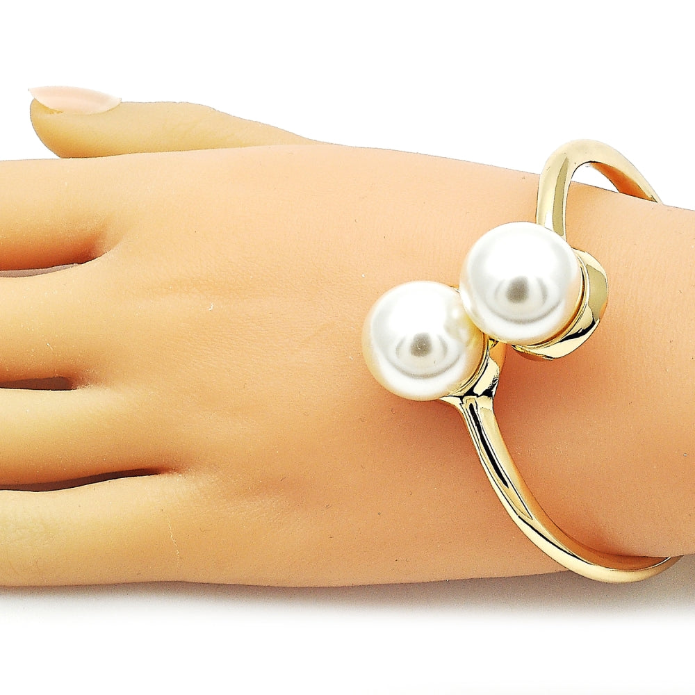 Oro Laminado Individual Bangle, Gold Filled Style Ball Design, with Ivory Pearl, Polished, Golden Finish