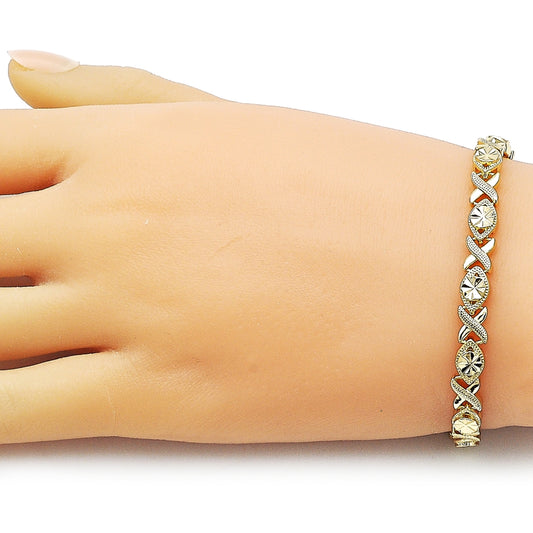Oro Laminado Solid Bracelet, Gold Filled Style Hugs and Kisses Design, Diamond Cutting Finish, Golden Finish