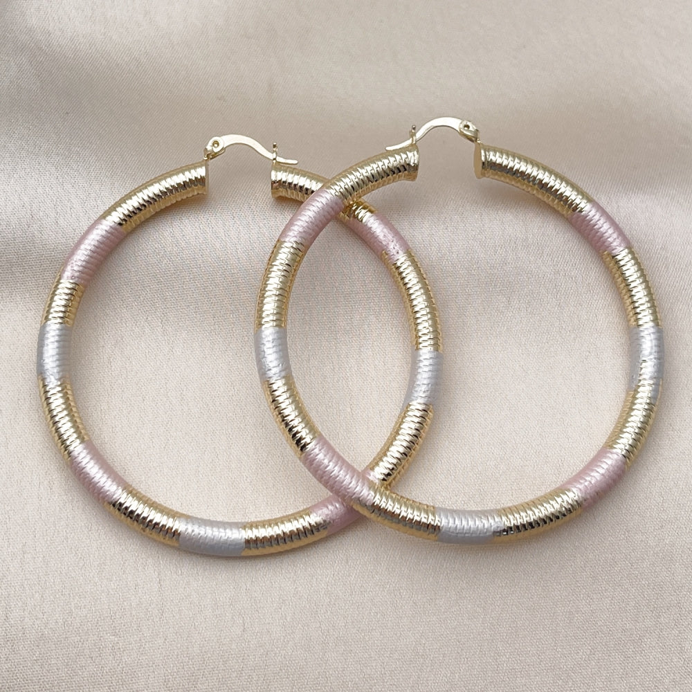 Oro Laminado Large Hoop, Gold Filled Style Hollow Design, Diamond Cutting Finish, Tricolor
