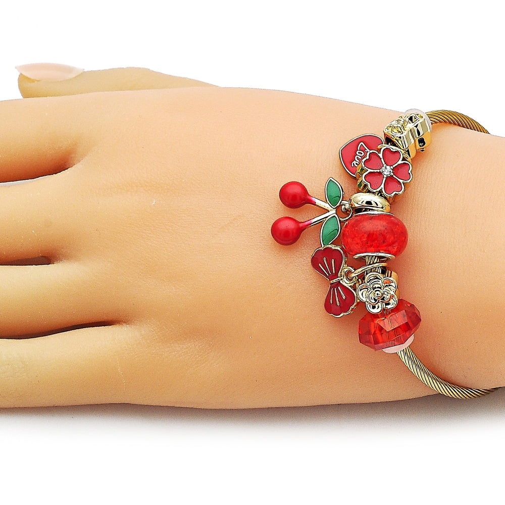Stainless Steel Individual Bangle, Cherry and Heart Design, with Garnet and White Crystal, Red Enamel Finish, Golden Finish