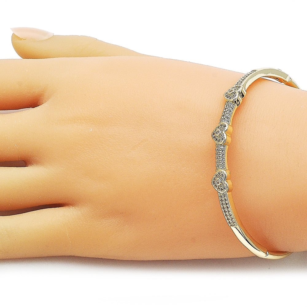 Oro Laminado Individual Bangle, Gold Filled Style Heart Design, with White Micro Pave and White Cubic Zirconia, Polished, Golden Finish
