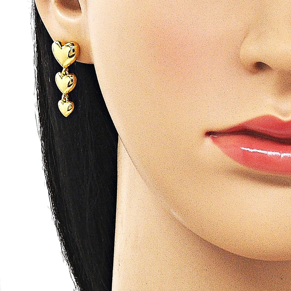 Oro Laminado Long Earring, Gold Filled Style Heart Design, Polished, Golden Finish