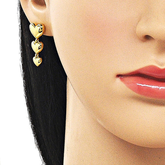 Oro Laminado Long Earring, Gold Filled Style Heart Design, Polished, Golden Finish