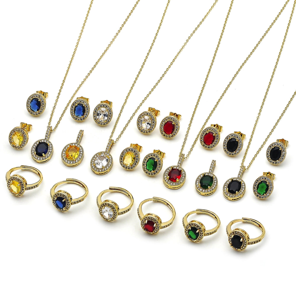 Oro Laminado Necklace, Earring and Ring, Gold Filled Style Cluster Design, with Golden and White Cubic Zirconia, Polished, Golden Finish
