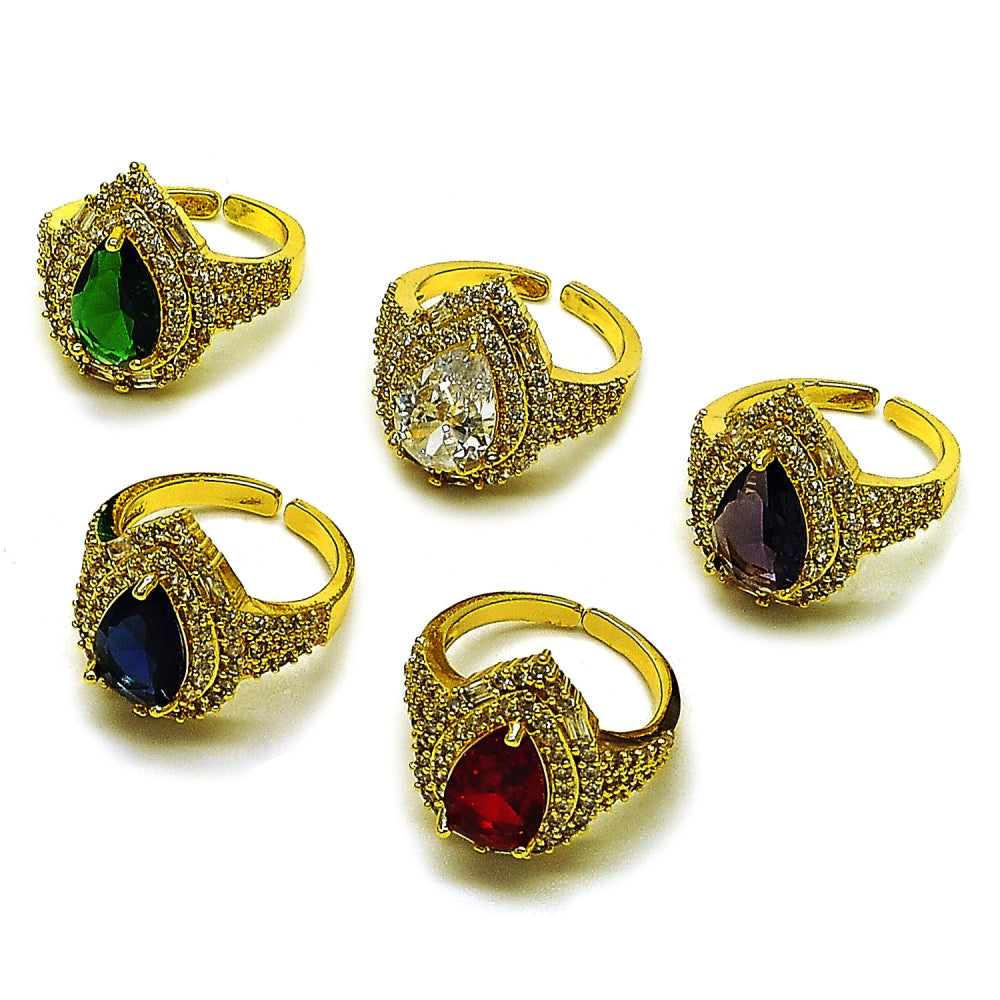 Oro Laminado Multi Stone Ring, Gold Filled Style Cluster and Teardrop Design, with Sapphire Blue and White Cubic Zirconia, Polished, Golden Finish