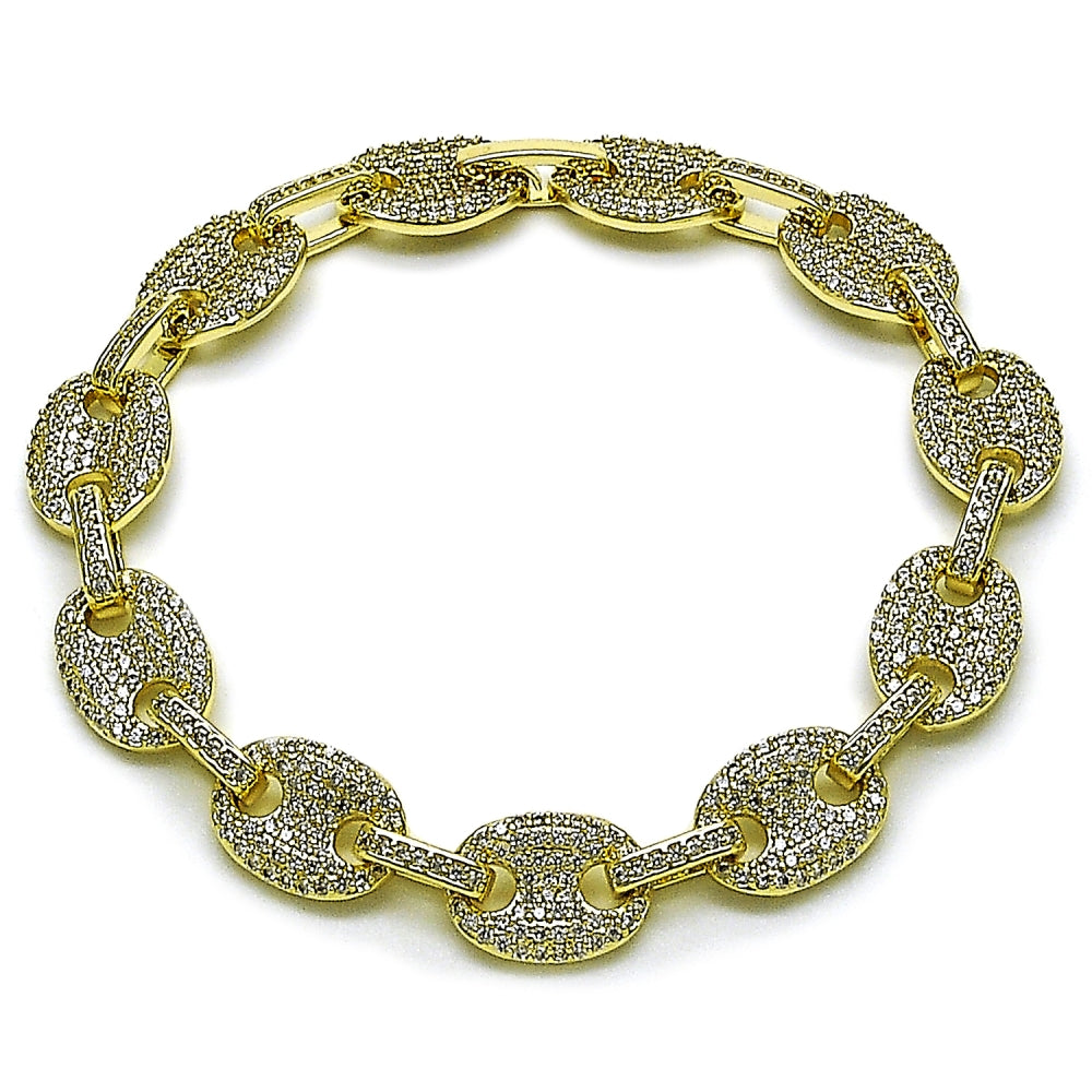 Oro Laminado Fancy Bracelet, Gold Filled Style Puff Mariner Design, with White Micro Pave, Polished, Golden Finish