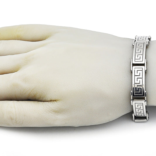 Stainless Steel Solid Bracelet, Greek Key Design, Polished, Steel Finish