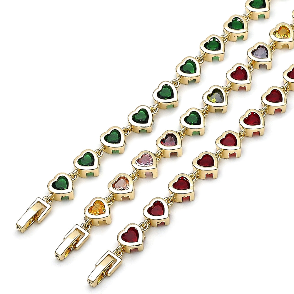 Oro Laminado Tennis Bracelet, Gold Filled Style Heart Design, with Green Cubic Zirconia, Polished, Golden Finish